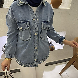 İncili denim gömlek ceket