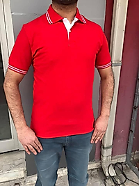 STAR Pamuk Penye Kumaş Kırmızı Polo Yaka Beyaz Biyeli