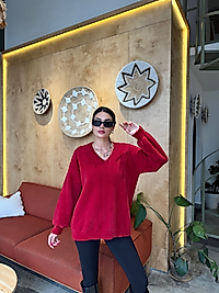 Oversize ,Yumuşak Standart Beden Bordo Kazak 2026