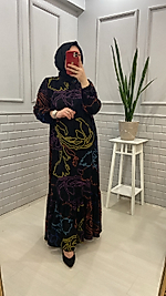 Çizgi Çiçekli Siyah Viskon Elbise
