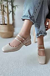 Kadın Mary Jane Rugan Ten Arkası Kapalı Çift Bant Kare Burunlu Baretli Kısa Blok Topuklu Ayakkabı