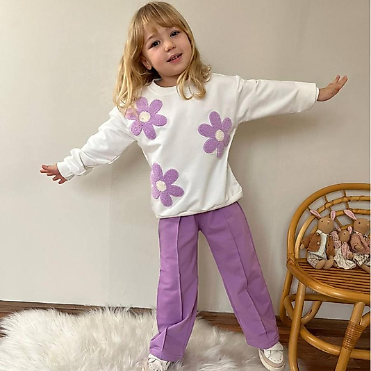 Papatya Nakışlı Geniş Paça Eşofman Kız Çocuk İkli Takım