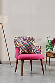 Berjer Koltuk-cafe-ofis-balkon-teras-bahçe-pembe rustik desen kumaş-kahverengi ayak