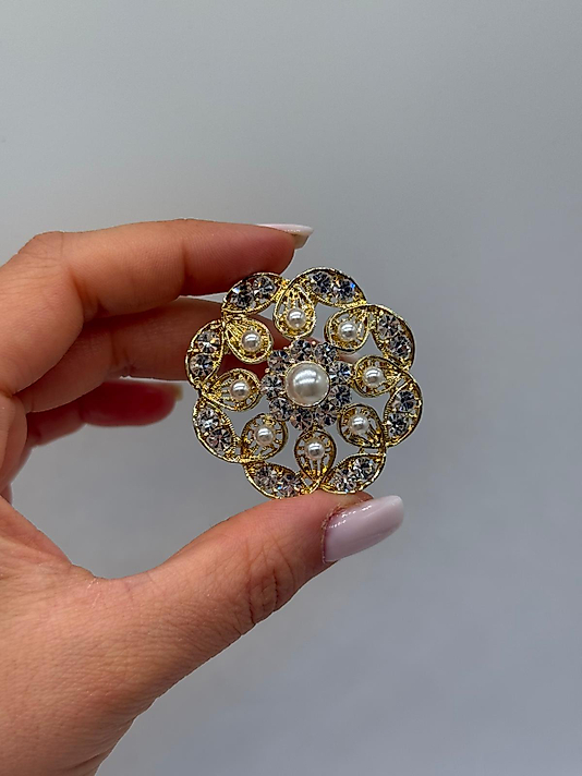 İnci Merkezli Taş İşlemeli Altın Tonlu Vintage Broş