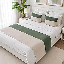 Çift Kişilik Yatak Runner Seti Biyeli Krem/Yeşil