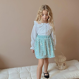 Yakası Nakışlı Payet Etekli Kız Çocuk Takım