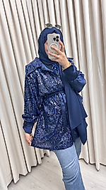 Pul Payet Detaylı Kuşaklı Lacivert Ceket