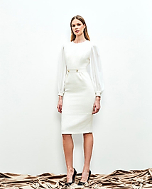 LADY GINA COMPANY YUVARLAK YAKA TAŞ DETAYLI KOLLARI ŞİFON ECRU ELBİSE