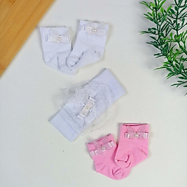 3 Parça Saç Bantlı Yenidoğan Çorap seti