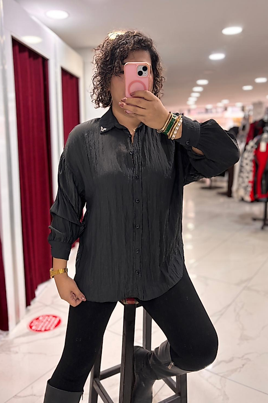 Oversize Dökümlü Dokulu Gömlek – Siyah