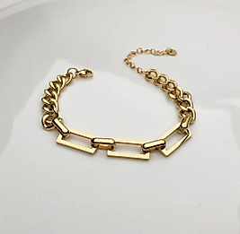 Dikdörtgen Geçişli Gold Zincir Çelik Bileklik
