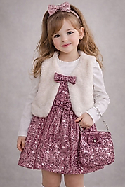 pudra pembe etekli peluş ceketli çantalı dörtlü takım