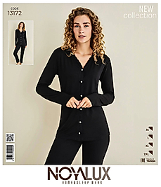Siyah Dantel Detaylı V Yaka Kadın Düğmeli Pijama Takımı -Noya 13172