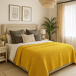 Waffle %100 Pamuk Yatak Örtüsü Hardal Renk Çift Kişilik 230x250 cm