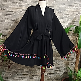 Maroken Krep Kumaştan Tasarım Siyah Kısa Kimono.