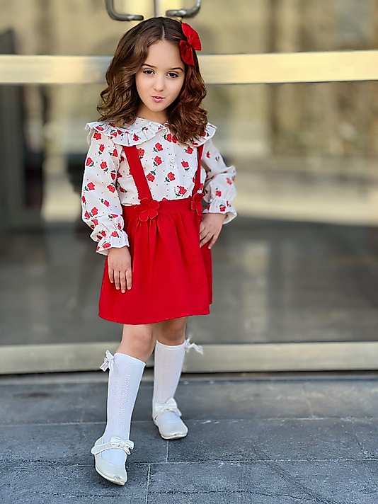 Kırmızı Renk Jile Bebe Yaka Çiçek Basklı Toka Hediyeli Kız ÇocukKombin