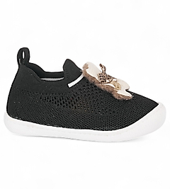 Lupita Unisex Bebek Ortopedik Taban Ayıcık Desenli Siyah Bağcıksız İlk Adım Ayakkabısı&Sneaker