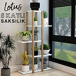 Lotus 5 Katlı Ahşap Çiçeklik, Saksılık, Saksı Standı / Dekoratif Raf / Çok Amaçlı Kullanım (Beyaz)