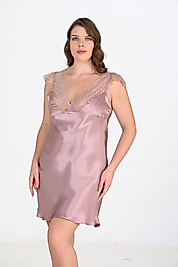 Büyük Beden Dantel Detaylı Vizon Rengi Saten Gecelik 2106