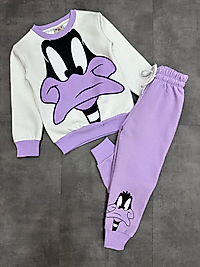 Daisy Üç İplik Şardonlu Mor Renk Kız Çocuk Eşofman Takımı