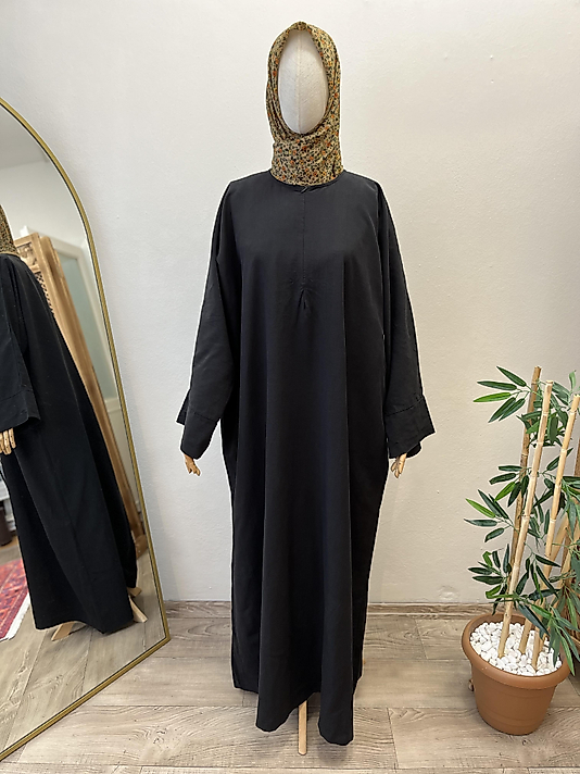 Siyah Yarım Fermuar Abaya Kol Keten Ferace