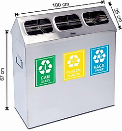 PASLANMAZ 430 KALİTE GERİ DÖNÜŞÜM ÇÖP KOVASI (ÇATI KAPAKLI, 3 BÖLMELİ, İÇ KOVALI) ( KDV DAHİL )