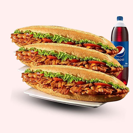 3'lü Tam Porsiyon Ekmek Arası Döner + 1,5 Litre Kola Menü