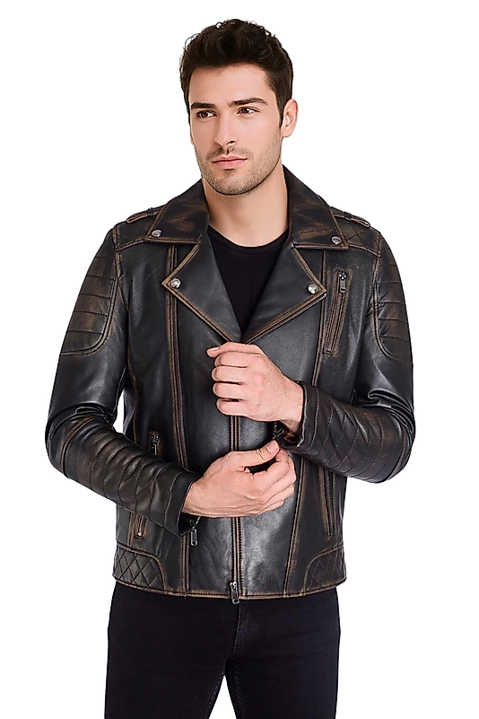 Modric Hakiki Deri Erkek Vintage Eskitme Biker Motorcu Tarzı Mont