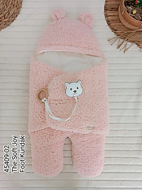 Yenidoğan Kulaklı Şapkalı Açılır Kucaklı Cırt Kapamalı Ayaklı Bebek Battaniyesi Kundak Pembe