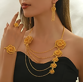 Jade'm Gold 5 Parça 18 Ayar Altın Kaplama Takı Seti - Lüks İnce Boş Tassel ve Çiçek Tasarımları, Düğünler, Partiler ve Şenlik Günleri için Mükemmel