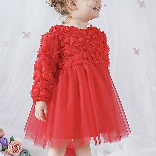 Üç Boyutlu Gül Desenli Tütü Etek Kız Çocuk Özel Gün Elbisesi