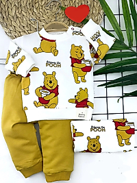 9-12-18-24 Ay Pooh Baskılı Yaka Çıtçıtlı Uzun Kollu Sweatli 2li Kız Erkek Bebek Takımı Sarı