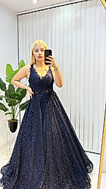 Femina  Lacivert  Boncuk İşlemeli Kabarık  Tül Abiye