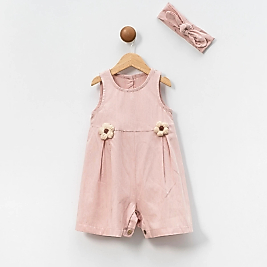 Kız Bebek Papatya Aksesuarlı 0-12 Ay Bandanalı Tulum Pudra