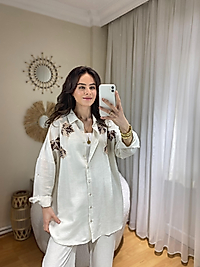 HAM KETEN ÜÇ YAPRAK  İŞLEMELİ GÖMLEK KREM
