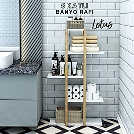 Lotus 5 Katlı Ahşap Banyo Rafı / Dekoratif Raf / Çok Amaçlı Kullanım (Beyaz)