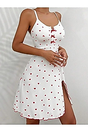 Kadın Beyaz Kırmızı Kalp Desenli Askılı Elbise 5066