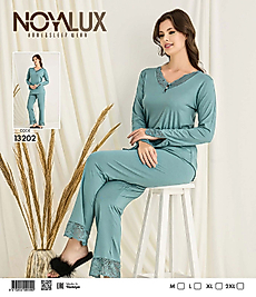 Su Yeşili Dantel Detaylı Yaka ve Paçalı Kadın Pijama Takımı -Noya 13202
