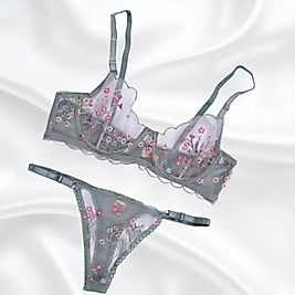 Çiçek Desenli Balenli Kapsız Yeşil Brode 3 Renkli Sütyen Takımı