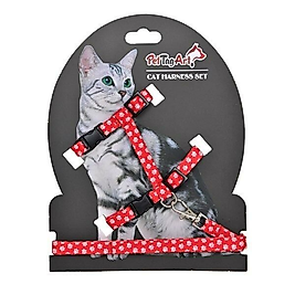 PetTagArt Kırmızı Beyaz Pati Desenli Ayarlanabilir Kedi Göğüs Tasma Seti 10 mm 110 cm