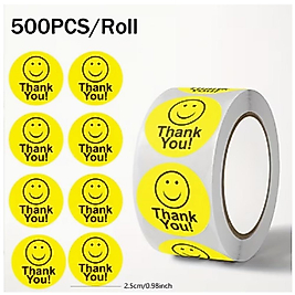 ( 500 X ADET ) 1 RULO NEŞELİ YÜZ TEŞEKKÜR ETİKETİ EMOJI THANK YOU STICKERLAR (MÜHÜRLEME&ETİKET&HEDİYE STICKER)