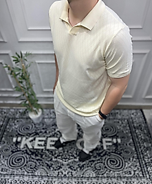 Ajur Desenli Polo Yaka - Bej