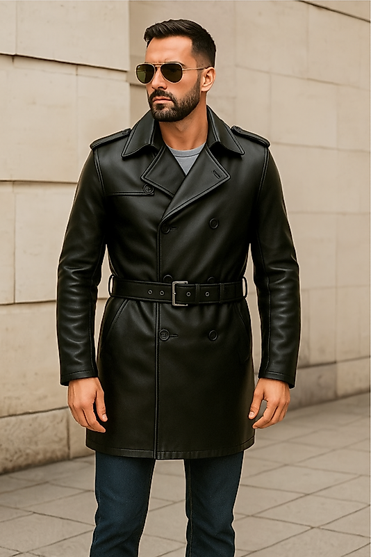 Lugano Hakiki Deri Erkek Siyah Kuşaklı Trençkot